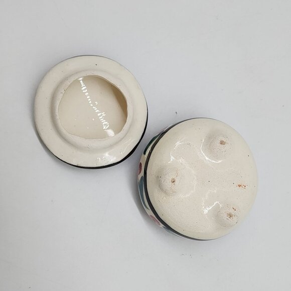 Mexican Hand Painted Ceramic Trinket Box With Floral & Rabbit 3" Diameter - Picture 8 of 8